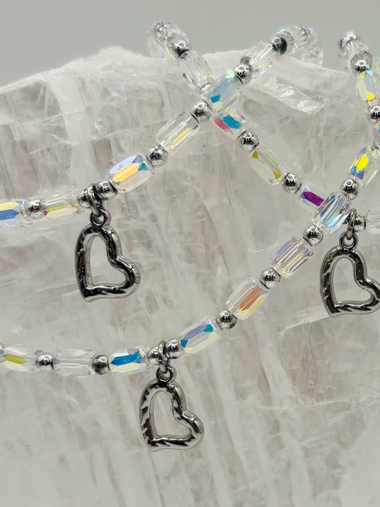 Jewelry - *Anklet* S. Steel Silver Heart & AB Crystal Stretchy Ankle Bracelet
